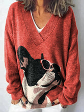 Decorative Pattern of French Bulldog Wearing Sunglasses On Red Background Knit V-neck Pullover Sweater